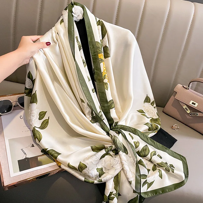 2023 Luxury Designer Floral Women Large Silk Satin Shawl Beach Scarfs ...