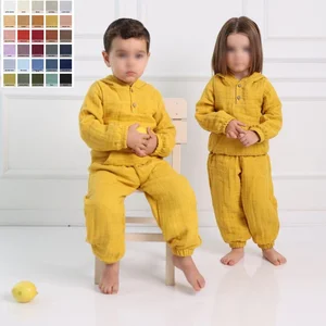 Wholesale Custom logo Muslin Short Sleeve Legged Pants Leisure Children's Two-piece Set Kids Clothing Set