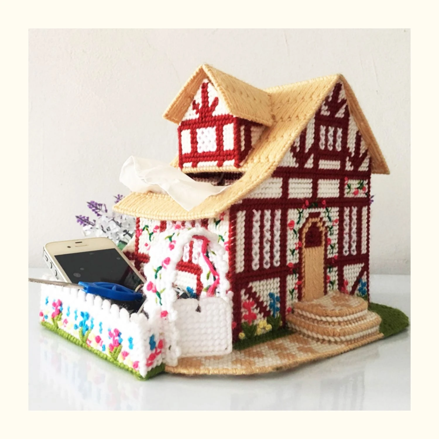 DIY Cross-stitch Kits for Tissue Paper & Mobile Phone Storage Box, DIY Home Decoration, Needlework, Non-finished product