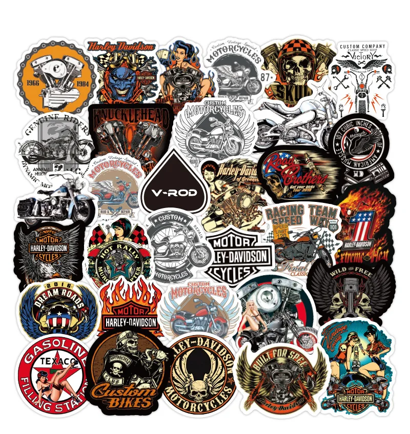 50pcs Cool Harley Motorcycle Graffiti Sticker Pack for DIY Car Laptop Scrapbook Guitar Luggage PVC Vinyl Waterproof Stickers