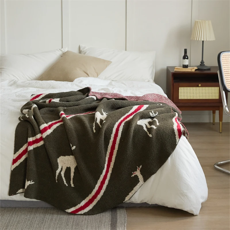 Hot Selling 100% Polyester Deer Jacquard  Fluffy Microfiber Knitted Throw Blanket  For Home Sofa Couch Bed Travel OEKO-TEX  ASK factory