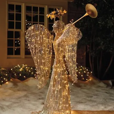 Angel with Trumpet LANGAO Light-Up Angel with Trumpet Holiday Decoration Acrylic Frame Plane LED Christmas Outdoor Decorations Angel Ornaments with Colorful Light Xmas Yard Art Decoration 