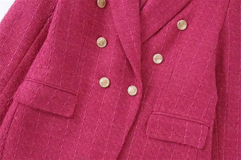 High Quality Elegant Style Solid Color Double Breasted Long Sleeve Notched Collar Casual Tweed Ladies Blazers for Women