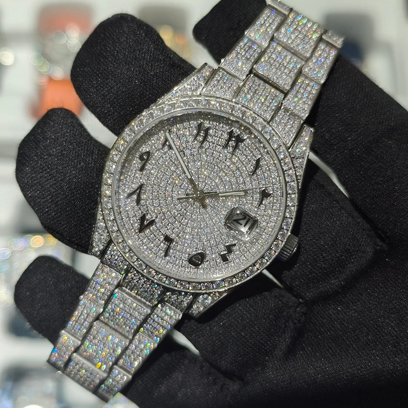 Hip Hop Bust Down Custom Automatic Mechanical Watches Luxury Brand Gold Iced Out VVS Moissanite Diamond Watch for Men