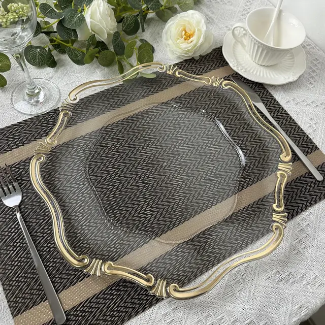 13 Inch Plastic Clear Round Charger Plates with Gold Rim for Wedding Birthday Party Events Dinner Table Decoration