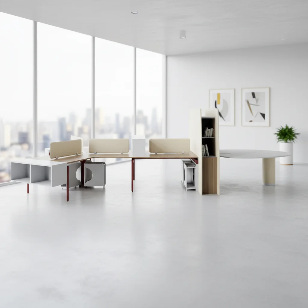 Large Scale Modern Foldable Automatic Convertible Wood Frame Open Office Desk High Cabinet Multi-functional Design Team 3