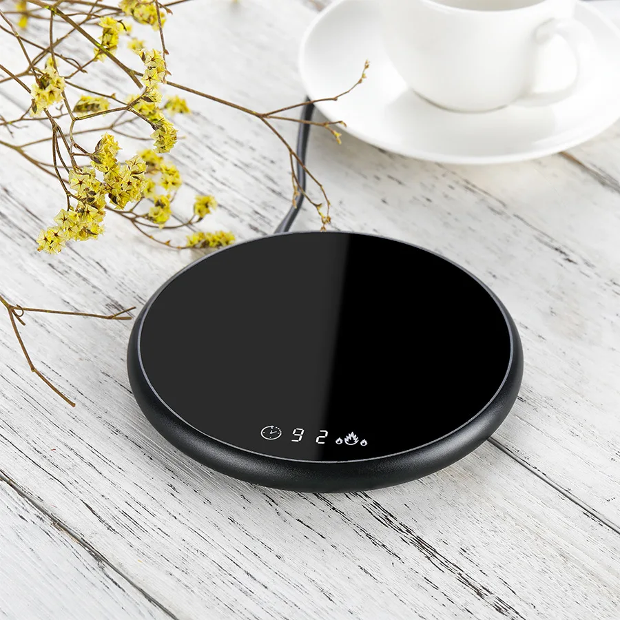 Smart Round coaster Touch Sensor Self Heating Metal Shell Glass Panel Digital Display Coffee Cup Warmer