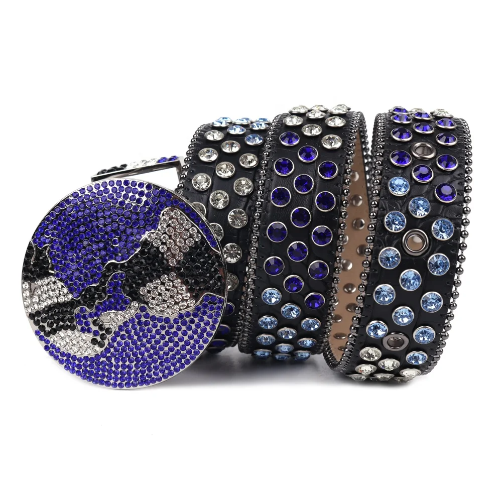 TENGMEI Cool Bling Black and Blue Rhinestone Belt Men Women Big Round Buckle World