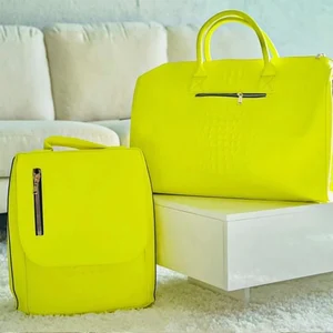 Custom Logo Luxury Croc Leather Neon Yellow Women Mens Duffle Weekender Travel Bag and Backpack Set
