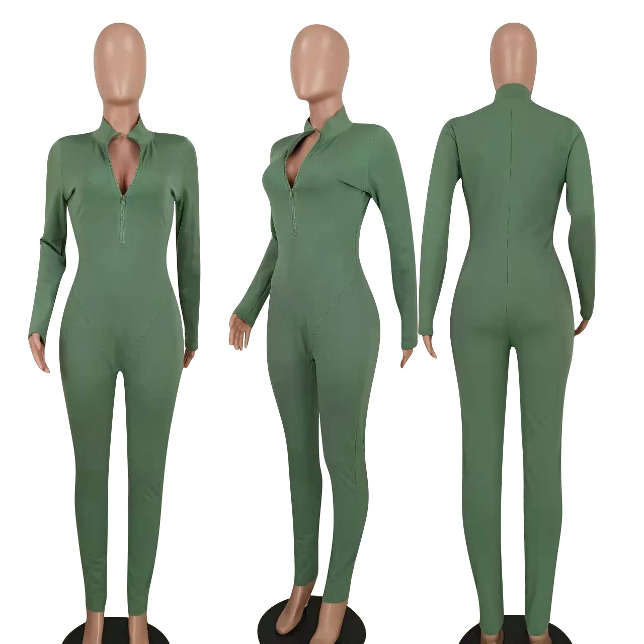 Plus Size 4xl Solid Outfit Bodycon Zipper Long Sleeve One Piece Yoga