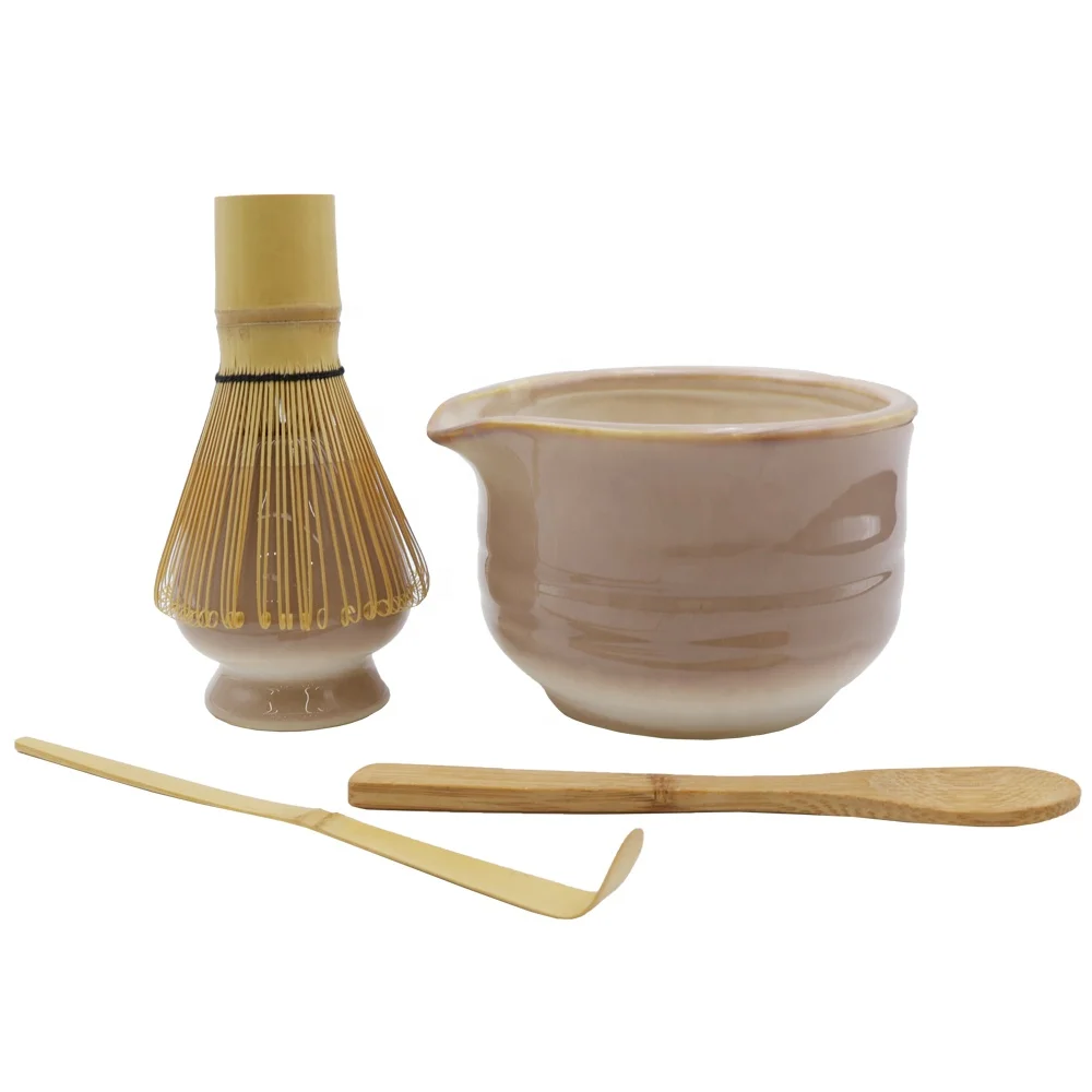 Custom Matcha Tool Kit Stirrer Whisk Whip Holder and Bowl with Spout Light Brown Flambed Kiln Glazed Milk Tea Ceramic Matcha Set