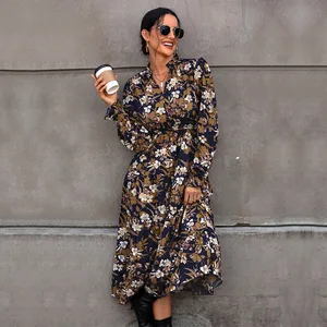 European American Cross-border 2025 Autumn Floral Elegant Anti-Static Polyester Fiber Commuter Women's Vintage Printed V-neck