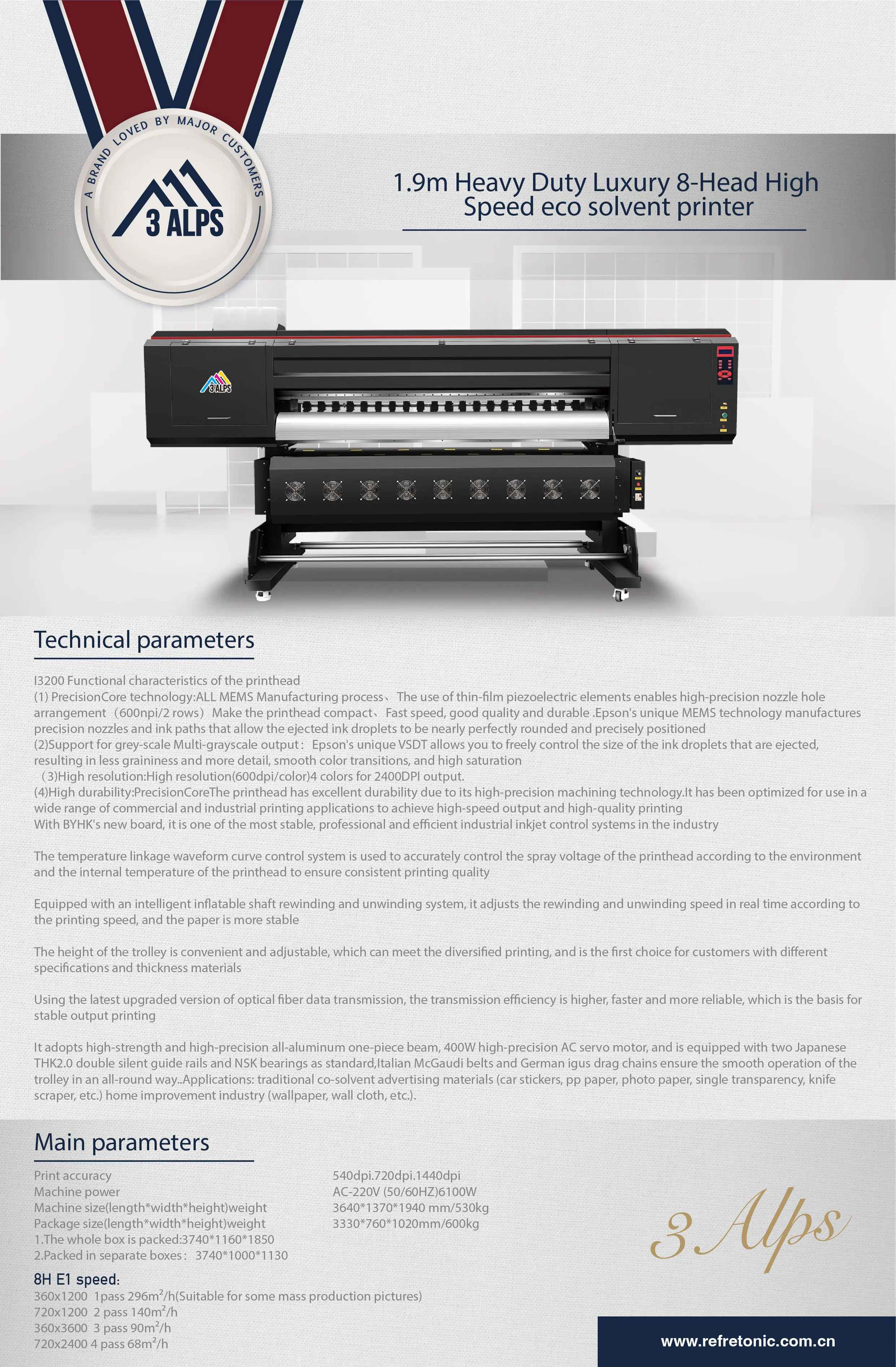 3 Alps-refretonic Eco-solvent Printer 1.9m Luxury Max 8 Epson I3200 ...