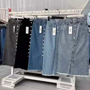 Wholesale New Women's Vintage Casual Denim Midi Skirts with Button Decoration Long Solid Pattern in Stock for Summer