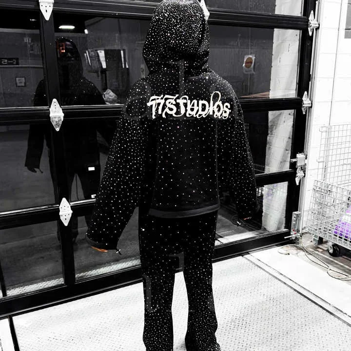 Salati High Quality Rhinestone Puff Printing Acid Wash Jogging Suits Hoodie and Sweatpants Set Flared Men's Tracksuits Sweatsuit gallery 7