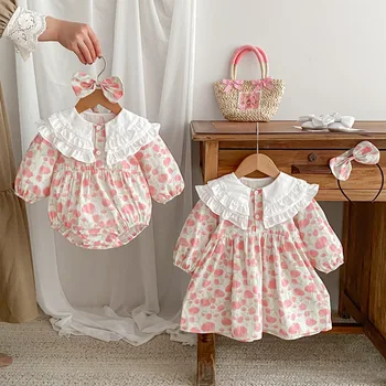 2024 Spring new baby clothes baby girl sweet triangle jumpsuit girls' dresses long sleeve sisters outfit Spring