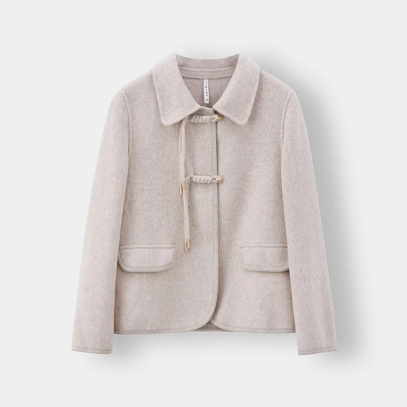 Women's Vintage Double Sided Wool Coat High End Fall Winter Casual Long Coat with Small Lapels Nylon Lining Sheep Fur Decoration