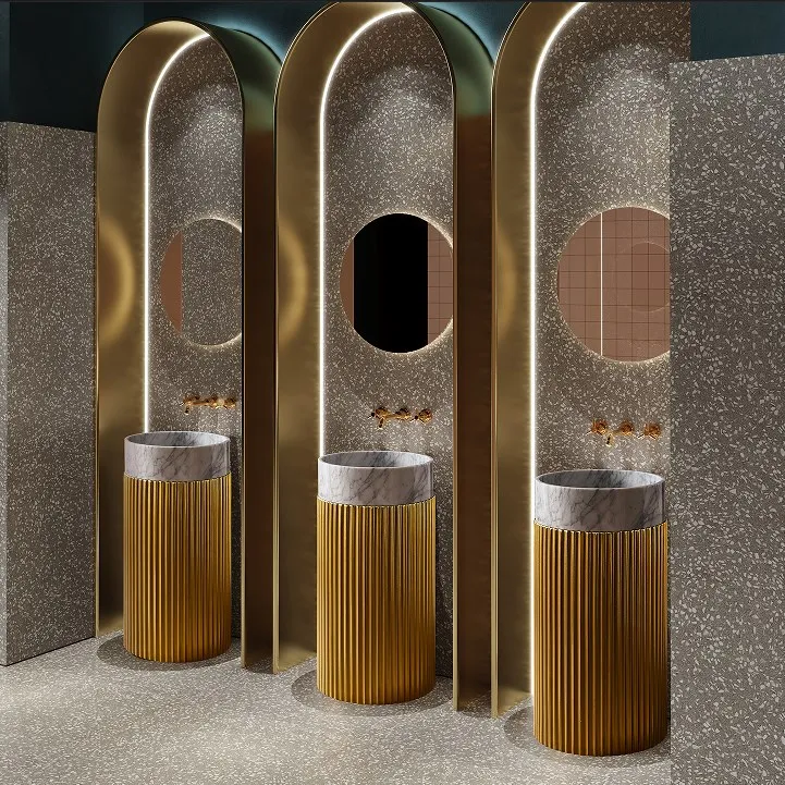 Italian Luxury Stainless Steel stand and Marble Washstand basin Hotel Column Washbasin Villa Home Balcony Bathroom Basin