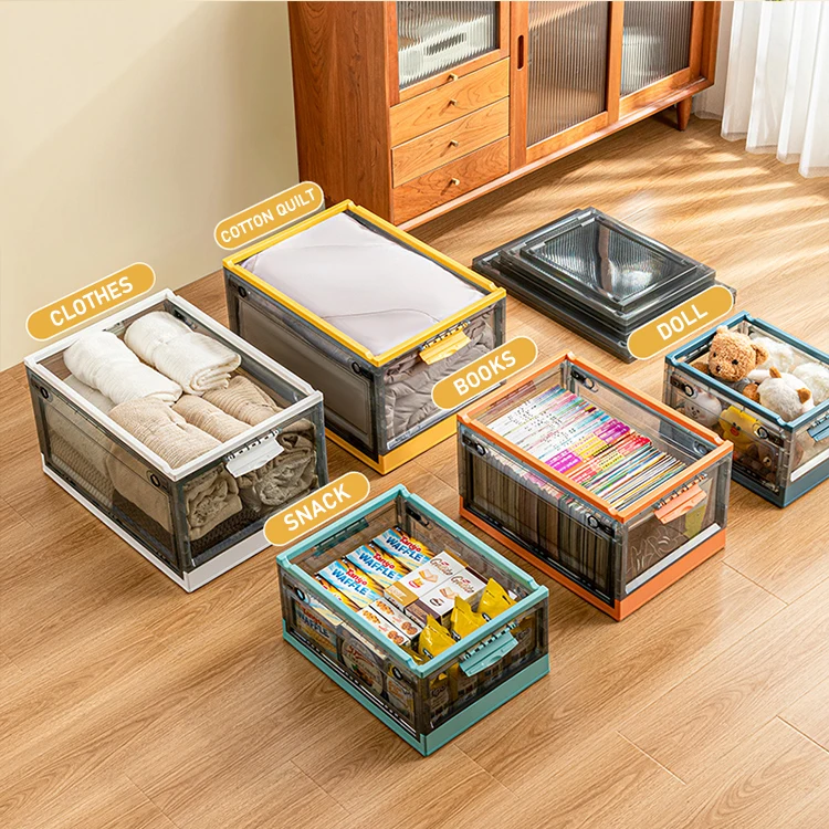 Factory Stock 28L Plastic Stackable Folding Storage Box with Double Door and Lids Large Capacity Containers Bins Baskets