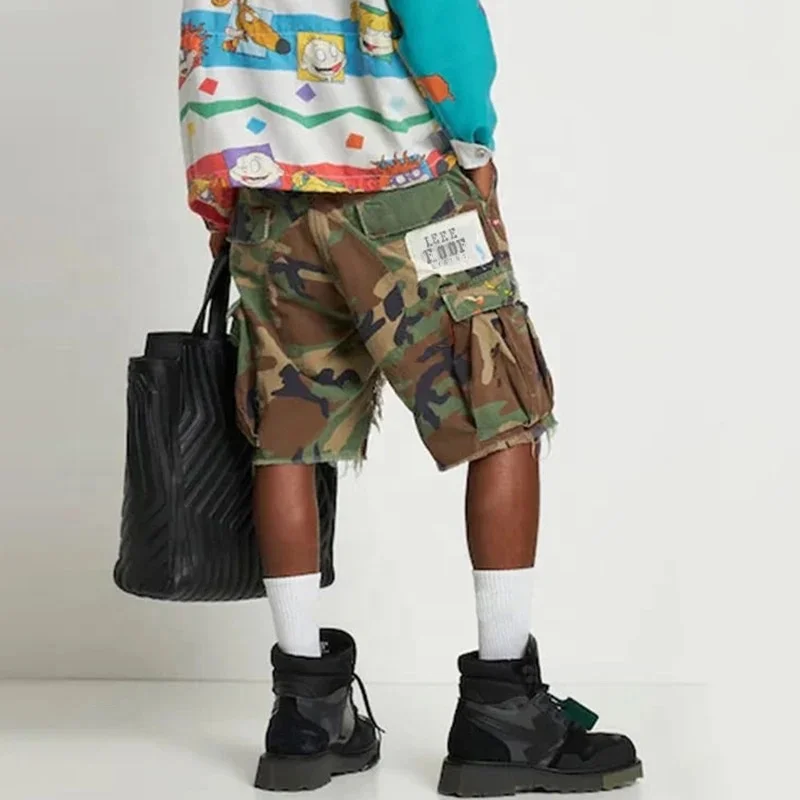 High Street Fashion Elastic Waist Jean Shorts Men Manufacturer Custom Logo Distressed Camouflage Shorts Denim Camo Shorts gallery 4