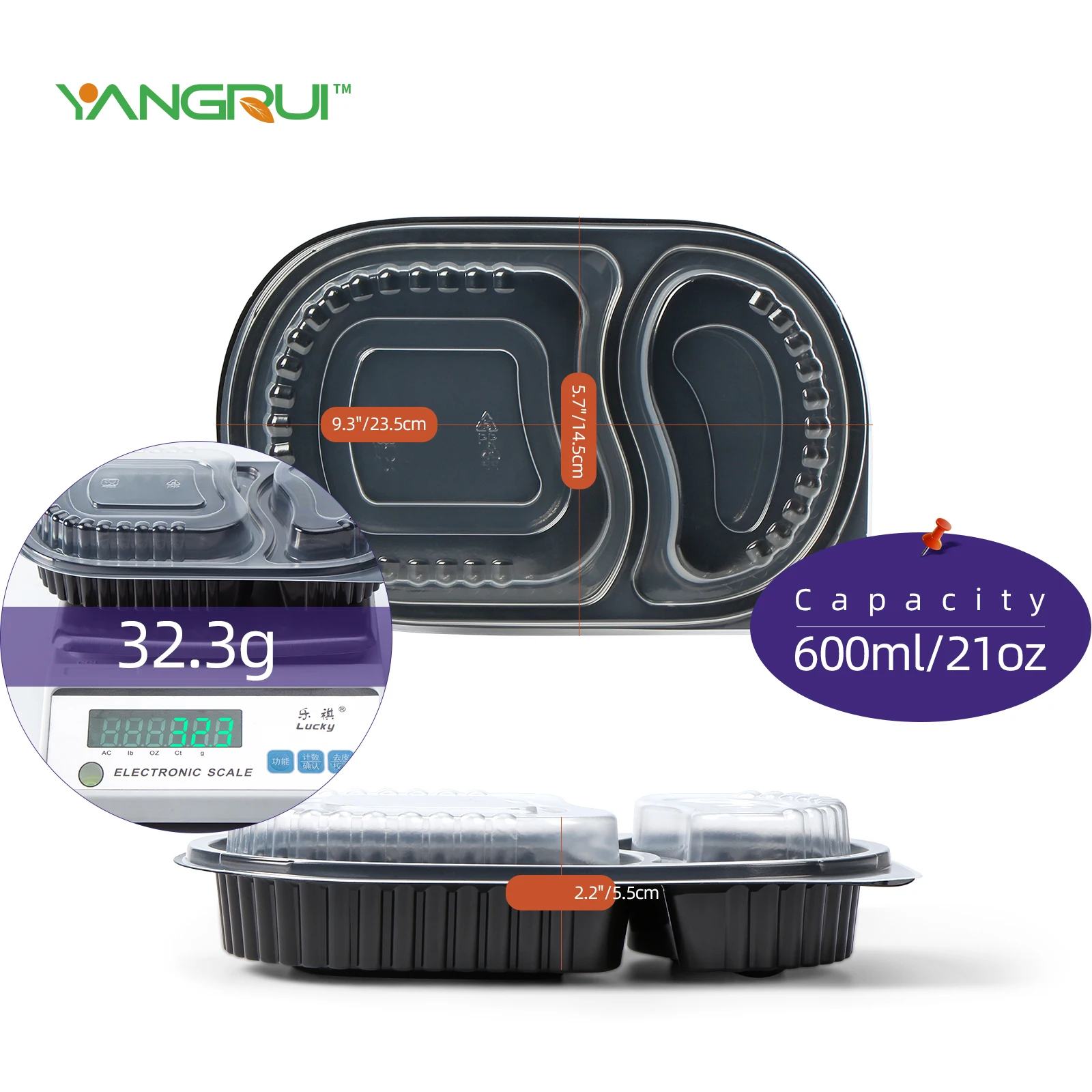 21oz/600ml Disposable to Go Containers with Airtight Lids Plastic Microwavable Freeze 2 Compartment Take Out Food Containers