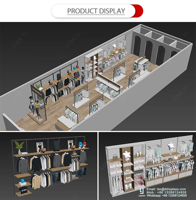 Cloth Shop Interior Design Showroom Retail Clothing Racks Wooden Metal ...