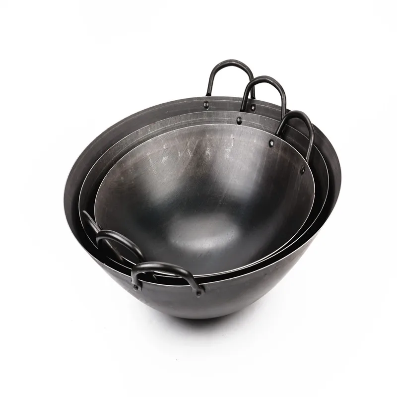 From 32cm to 70cm Carbon Steel Chinese Wok Pan for Restaurant and School with Wooden Lid Factory Commercial