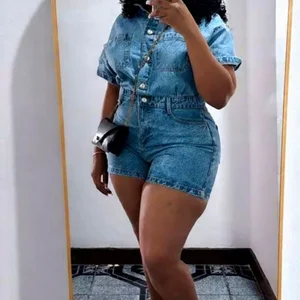 GX1129 Fashion 2026 Women's Denim Jumpsuit Stretch Short Sleeve Pocket Cargo One Piece Jeans Romper and Jumpsuit