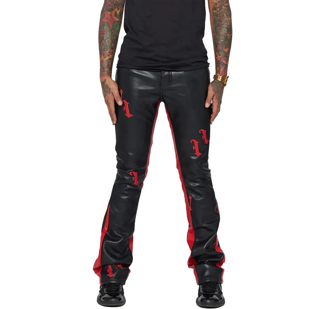 KY Red Applique Leather Stacked Pants Genuine Leather Acid Wash Flare  Sweatpants Color Block Leather Pants Men