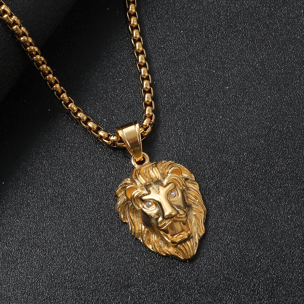 18k Gold Stainless Steel Lion Head Chain Necklaces Hiphop Rock Animal ...