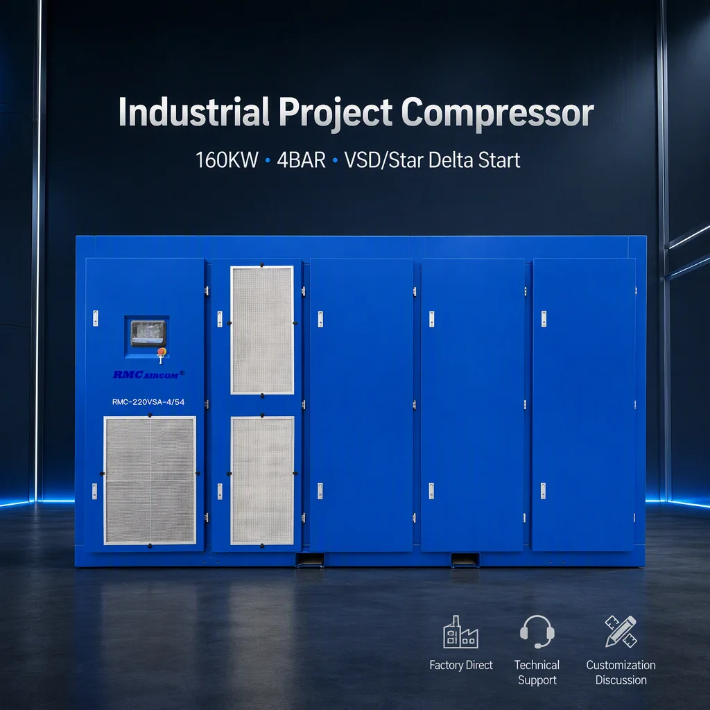 RMC-160LPM-4/54 160KW 4BAR 380v Screw air Compressor VSD/Star Delta Start for Fabric Production