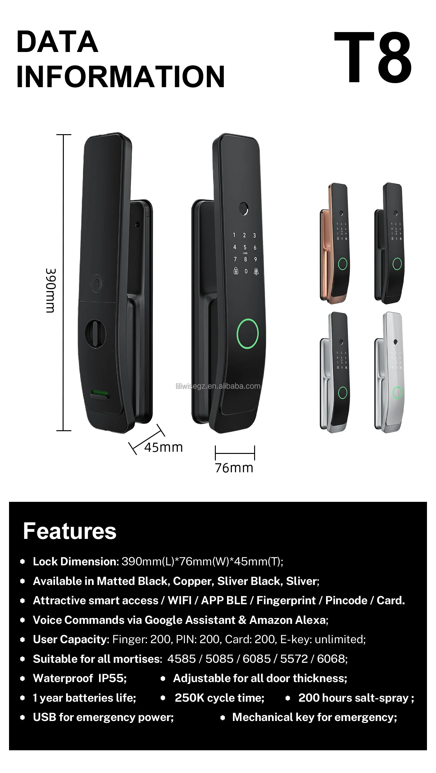 Liliwise High Security Smart Door Lock with Biometric Fingerprint and Tuya WiFi Suitable for 35~60mm Door Thickness