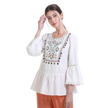 Anany 2020 Last Fasion Trumpet Sleeve Loose Comfortable Blouse Mexican Embroidery Women Blouses
