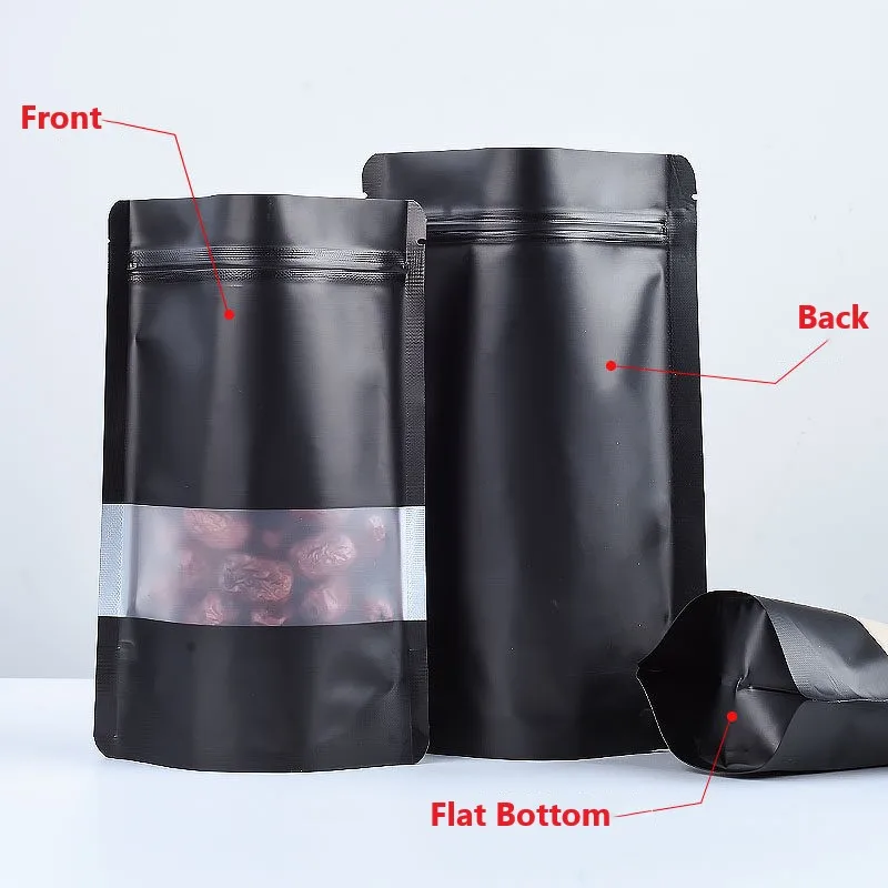 0.2mm Custom Black Frosted Window Zipper Bag for Food Packaging Print for Spices Dry Fruits Chewing Gum  Canned Food Wholesale