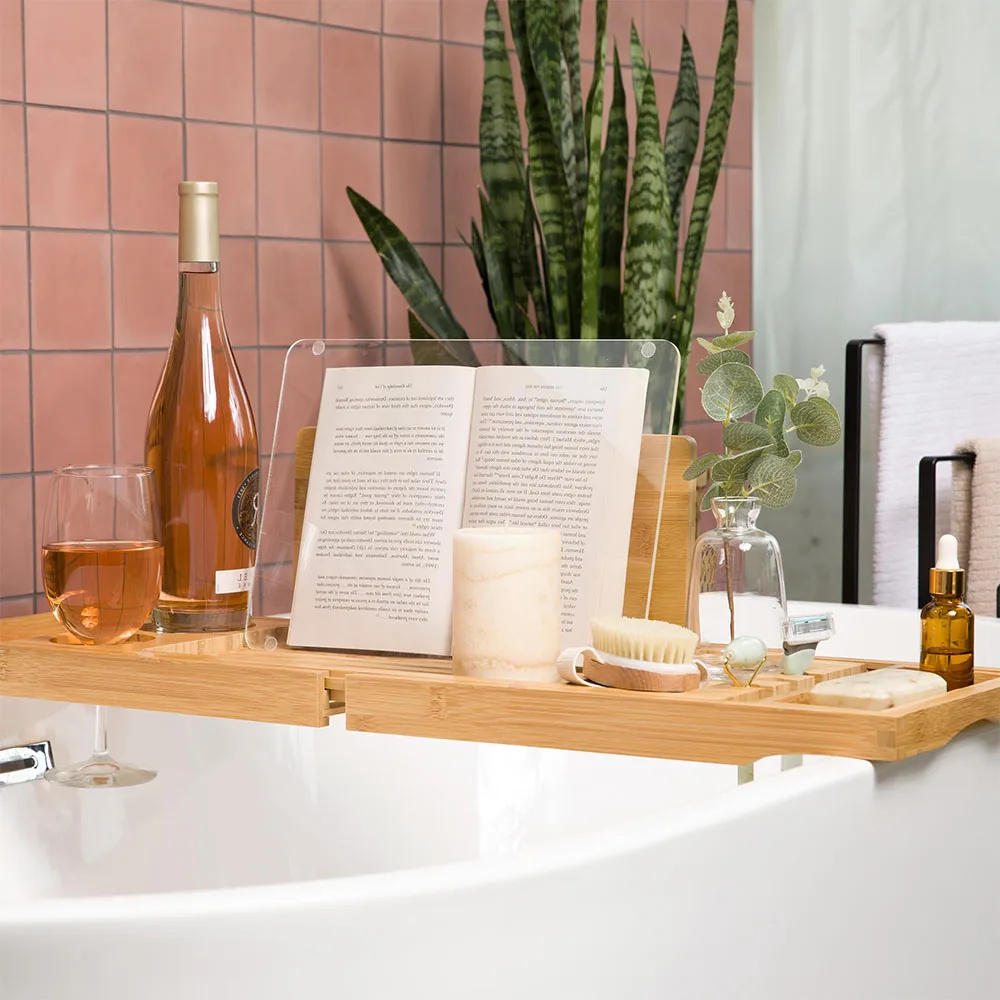 Luxury Minimalist Bathroom Sets Extendable Bamboo Rack & Anti-Slip Waterproof Wine Glass Holder with Bathhtub Tray