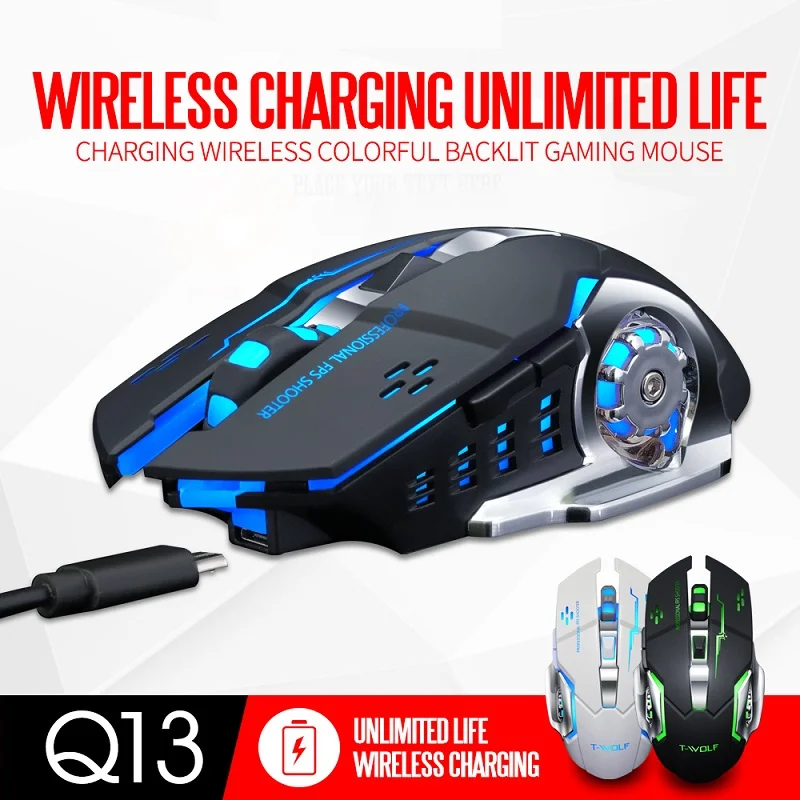 Q13 LED Backlit USB Optical Ergonomic Rechargeable Wireless Mouse for Gaming Laptops Computer Mouse Gamer LOL