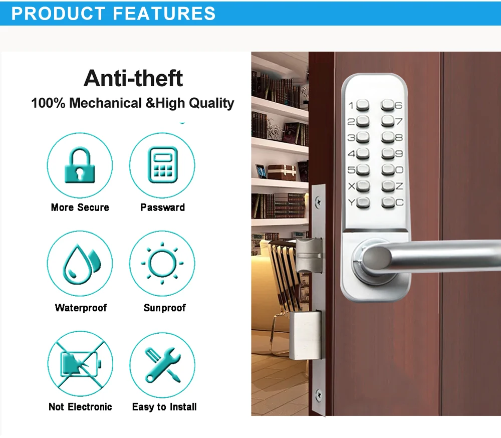 Waterproof Password Combination Push Button Lock Front Door Lock