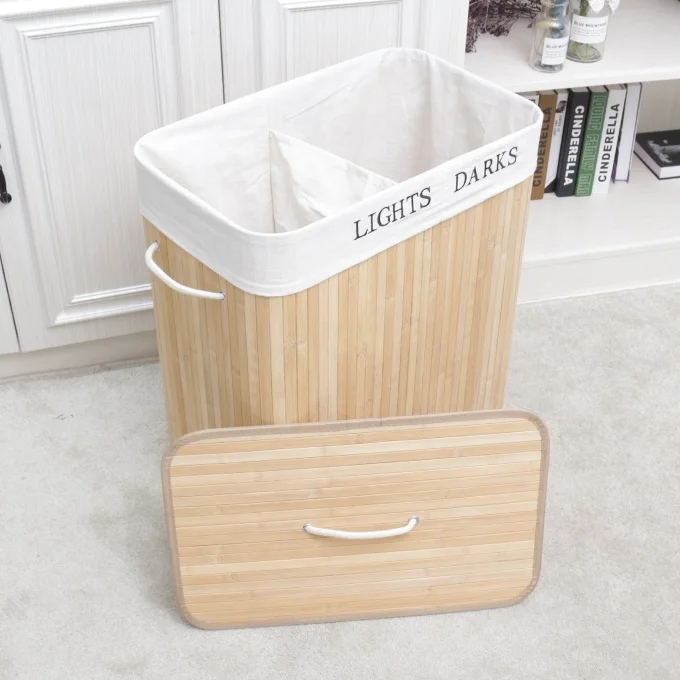 100L Extra Large 2 Section Folding Storage Solution Folding Bamboo Laundry Dirty Clothes Basket with Lid and Carry Handle