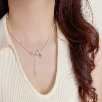 Brass Gold-plated Ball Pearl Tassel Necklace Female French Retro Elegant Fashion Personality Hundred Matching Collarbone Chain