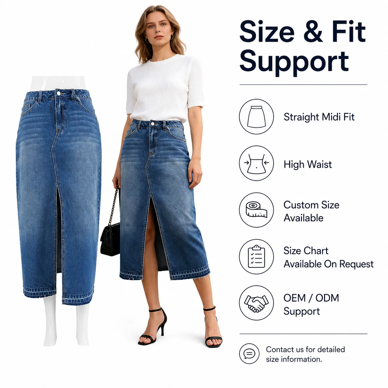 Washed Denim Midi Skirt with Front Slit High Waist Frayed Hem Casual Bodycon Skirt for Women