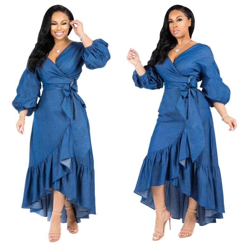 DF0617  Latest Design Summer Denim Dress Long Ruffled Lantern Sleeves V Neck Jean Dresses Casual Women Denim Dress