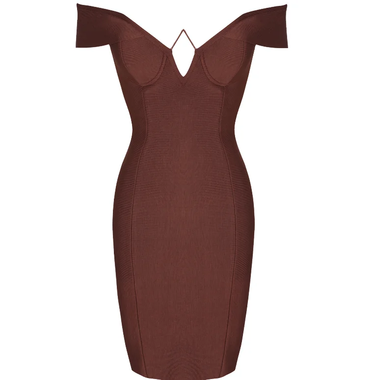 Fall Elegant V Neck Women Bodycon Tawny Brown Sexy Bodice Bust Off Shoulder Knee Length Pencil Dates Bandages Party Prom Dress Fall Elegant V Neck Women Bodycon Tawny Brown Sexy Bodice Bust Off Shoulder Knee Length Pencil Dates Bandages Party Prom Dress