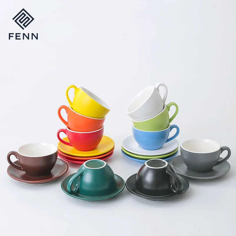 FENN exquisite glossy colorful cheap tea coffee cups and saucers / ceramic cup and saucer set for coffee shop