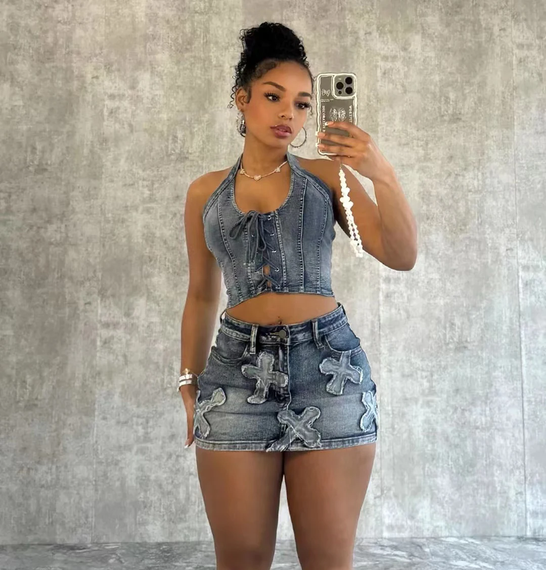 Summer Denim 2 Piece Skirt Set Women Outfits Sexy Cross Embroidery