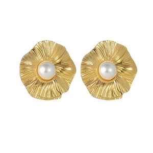YUKAM Trendy 18K Gold Plated Stainless Steel Irregular Lotus Leaf Petal Sunflower Daisy Flower Big Pearl Stud Earring for Women