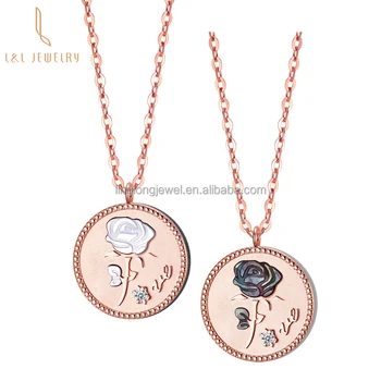 Charms necklaces natural pearl shell round 18k Rose Gold Diamond inlay pendant necklace mother of pearl jewelry