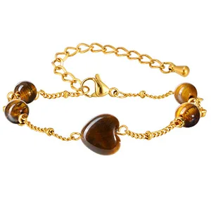 Women's Fashion Jewelry Set Wholesale 18K Gold Plated Heart Shape Tiger Eye Necklace Bracelet Set