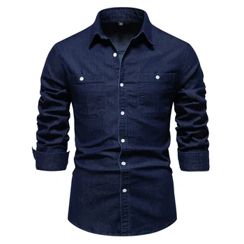Edingle Vintage Streetwear Men's Casual Cotton Washed Denim Jean Shirt Long Sleeve With US Size