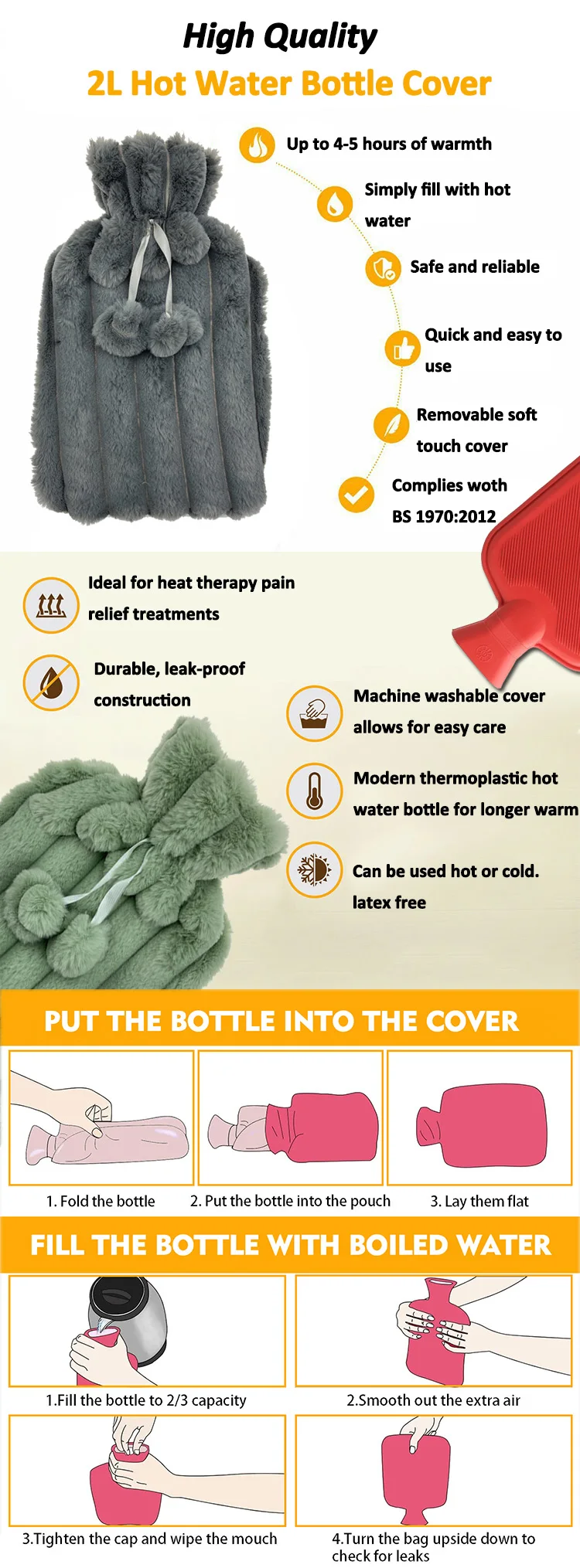 2l water-filling hot water bottle with faux cover rubber hot and cold water bag