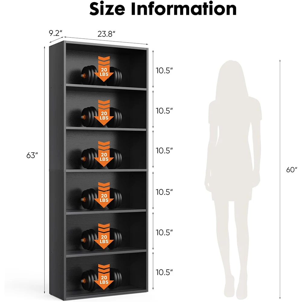 product industrial wooden 6 shelf modern large 63 inch tall floor standing open bookcase anti tipping device home office living room-1